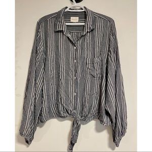 Blue and White Stripped Button Up Shirt with Front Tie
